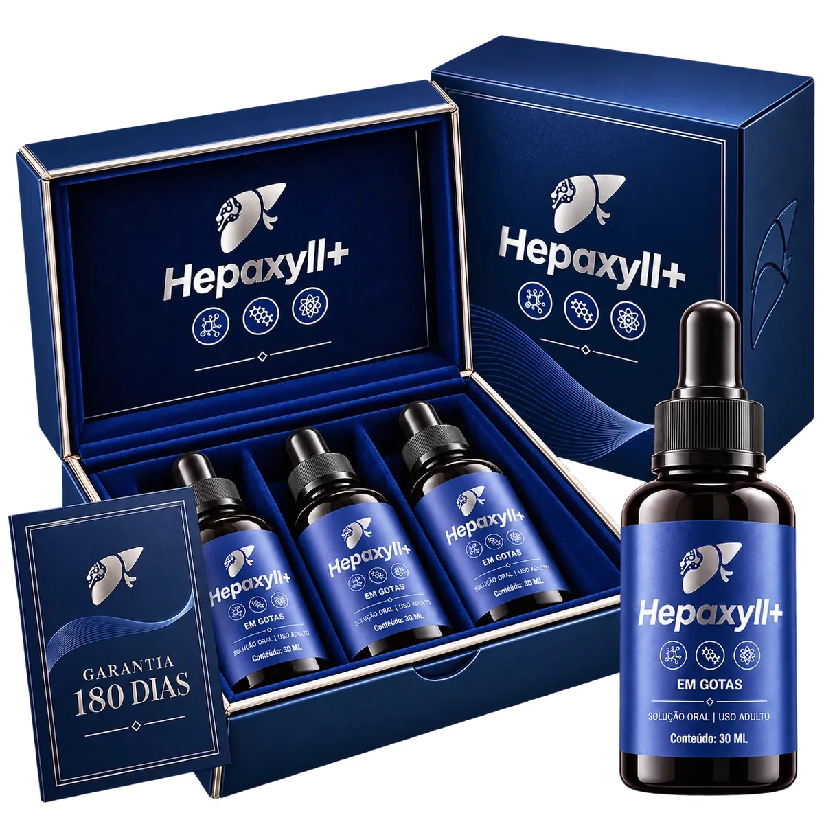 Estojo Hepaxyll+ com cartão de garantia de 180 dias